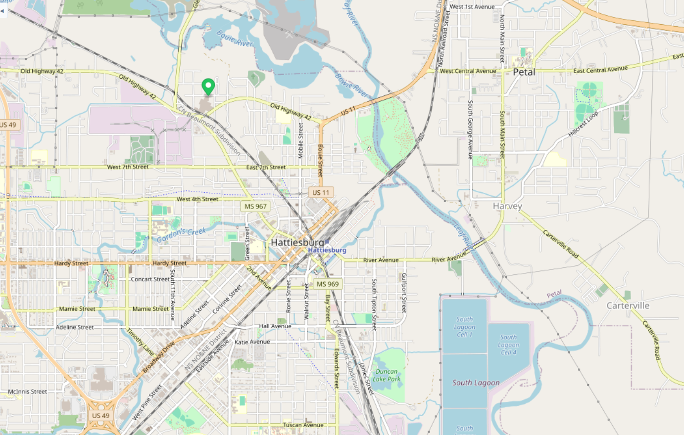 Wide street map showing Highway 42 Bypass corridor and connections to I-59 and US 49