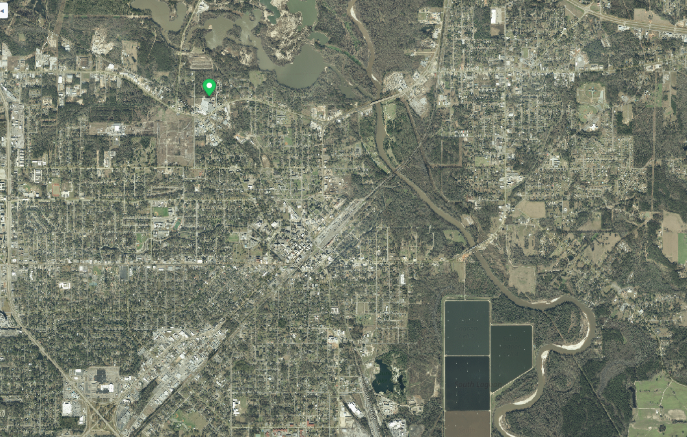 Wide satellite view showing regional context including Hattiesburg, Petal, and the Leaf River